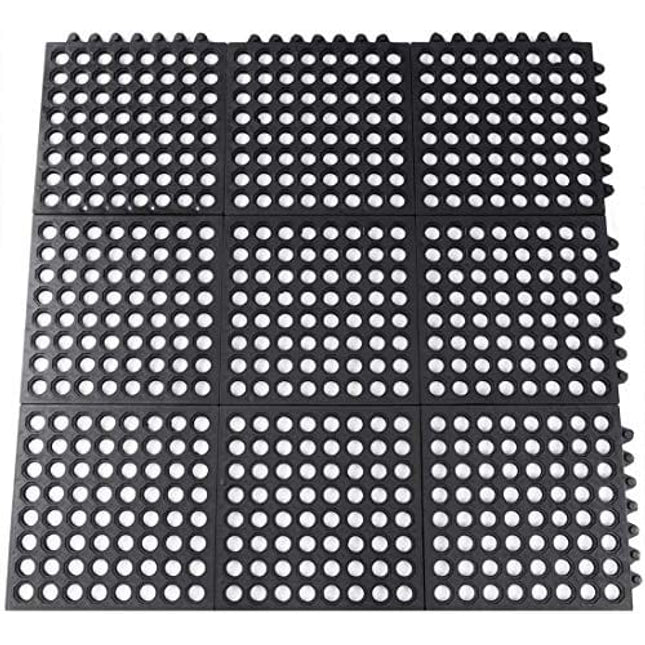 Rubber Floor Mats Anti-Fatigue Kitchen Mats 9 Pack 11.8" x 11.8" Modular Interlocking Floor Tiles, Drain Pool Balcony Patio Yard Pet Area Use Restaurant Bar Floor Mat Black