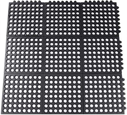 Rubber Floor Mats Anti-Fatigue Kitchen Mats 9 Pack 11.8" x 11.8" Modular Interlocking Floor Tiles, Drain Pool Balcony Patio Yard Pet Area Use Restaurant Bar Floor Mat Black