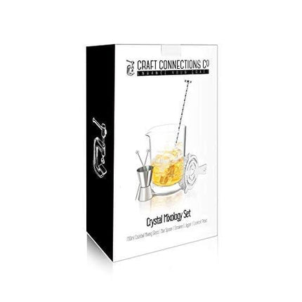 Crystal Cocktail Mixing Glass by Craft Connections. 6 Pc Set 24oz 710ml Bar Pitcher Thick Bottom, Stainless Bar Spoon & Muddler, Strainer, Garnish Picks, Jigger & Recipes. Professional Set, Great Gift