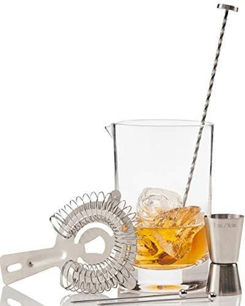 Crystal Cocktail Mixing Glass by Craft Connections. 6 Pc Set 24oz 710ml Bar Pitcher Thick Bottom, Stainless Bar Spoon & Muddler, Strainer, Garnish Picks, Jigger & Recipes. Professional Set, Great Gift
