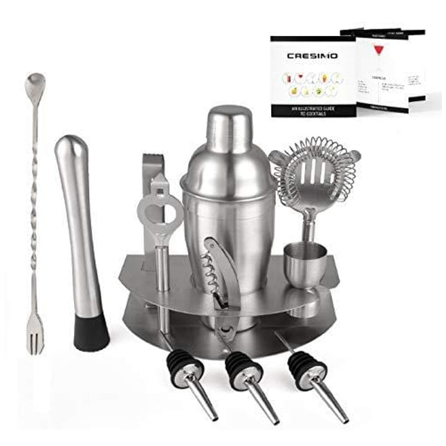 Cresimo Home Cocktail Bar Set - Brushed Stainless Steel 12 Piece Professional Bar Tool Kit - 100% GUARANTEE AND WARRANTY. Includes Martini Shaker, Muddler, Strainer, Jigger and More!
