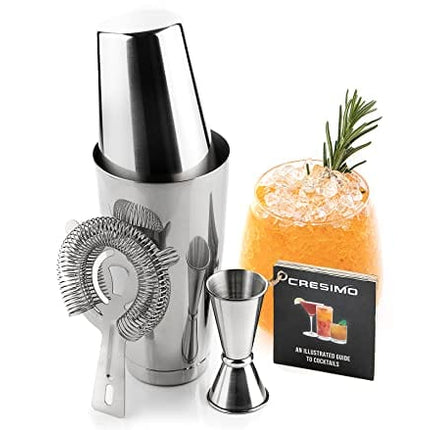 4pc Boston Cocktail Shaker Set - Bartender Kit with Martini Drink Shaker & Cocktail Set Bar Accessories: 28oz / 18oz Martini Shaker, Strainer, Jigger & Recipe Guide - Cocktail Mixer Bar Set - Cresimo