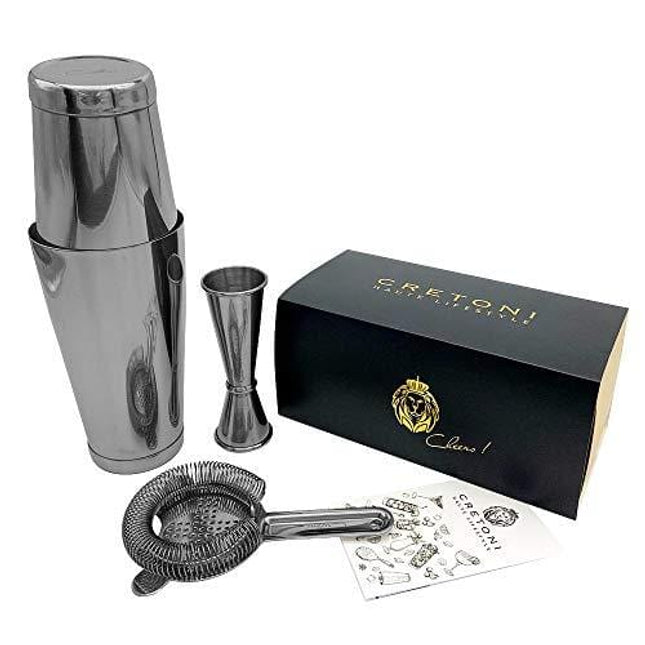 Cretoni Professional Boston Shaker Set: Two-piece Original Cocktail Shaker Set with Japanese Jigger and Hawthorne Strainer made of Stainless Steel - The Original Bartender Set! (Gunmetal)