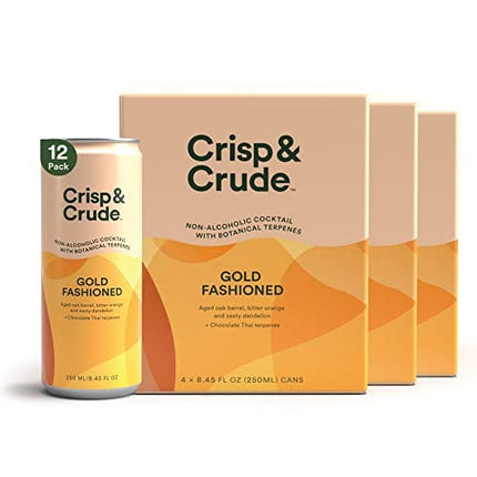Crisp & Crude | Gold Fashioned | Canned Non Alcoholic Cocktail | Botanicals | Low Calorie, Low Sugar, Vegan, Keto, Gluten Free, Safe to Drink While Pregnant | 12 Cans | 8.45 Fl Oz Each