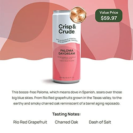 Crisp & Crude | Paloma Daydream | Canned Non Alcoholic Cocktail | Botanicals | Low Calorie, Low Sugar, Vegan, Keto, Gluten Free, Safe to Drink While Pregnant | 12 Cans | 8.45 Fl Oz Each
