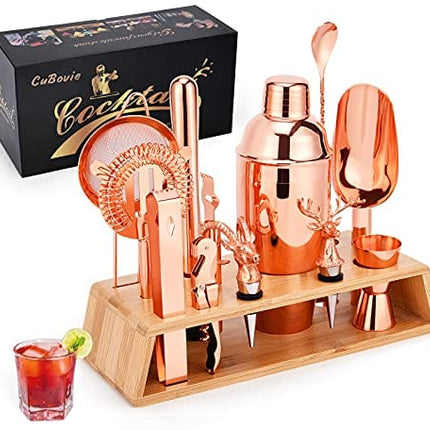 Cubovie Cocktail Shaker Set Bartender Kit with Stand: 15 - Piece Cocktail Bar Set Bar Kit Cocktail Kit Bar Sets For The Home Bartending Kit Bar Tools Set & Cocktail Recipes Cards (Rose Copper)