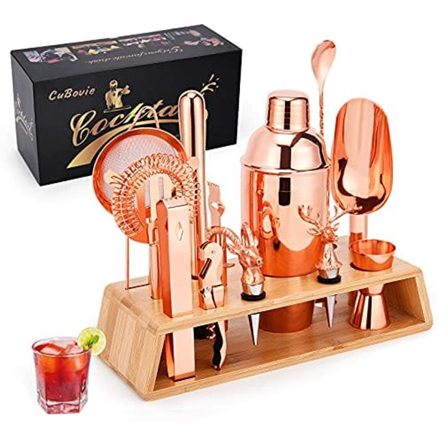 Cubovie Cocktail Shaker Set Bartender Kit with Stand: 15 - Piece Cocktail Bar Set Bar Kit Cocktail Kit Bar Sets For The Home Bartending Kit Bar Tools Set & Cocktail Recipes Cards (Rose Copper)