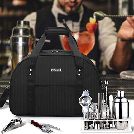 CURMIO Bartender Kit Travel Carrying Bag with Padded Compartment for Wine and Cocktail Shaker, Shoulder Tote Bag for Bar Tools Set, Perfect for Home Indoor Outdoor Patio Party, BAG ONLY - Black