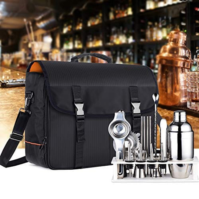 CURMIO Bartender Kit Travel Bag with Padded Compartments for Wine Bottles, Messenger Bag for Bar Tools Set, Perfect for Home Indoor Outdoor Patio Party, Black (Bag ONLY, Patent Pending)