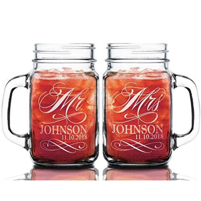 Stocking Factory Custom Etched Mr. Mrs. Personalized Mason Mugs, Set of 2, Clear
