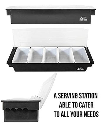 Fruit, Veggie & Condiment Caddy with Lid - Dispenser Tray For Candy, Dips & Salad Toppings | Bar Supplies For Catering & Parties | 5 x 20 Oz Compartments | Garnish Organizer Station for Restaurants