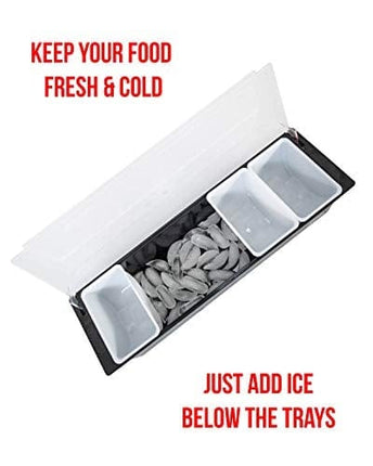 Fruit, Veggie & Condiment Caddy with Lid - Dispenser Tray For Candy, Dips & Salad Toppings | Bar Supplies For Catering & Parties | 5 x 20 Oz Compartments | Garnish Organizer Station for Restaurants