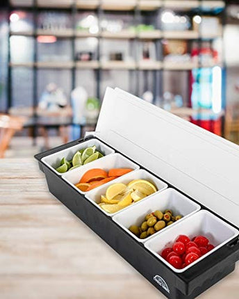 Fruit, Veggie & Condiment Caddy with Lid - Dispenser Tray For Candy, Dips & Salad Toppings | Bar Supplies For Catering & Parties | 5 x 20 Oz Compartments | Garnish Organizer Station for Restaurants