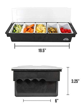 Fruit, Veggie & Condiment Caddy with Lid - Dispenser Tray For Candy, Dips & Salad Toppings | Bar Supplies For Catering & Parties | 5 x 20 Oz Compartments | Garnish Organizer Station for Restaurants