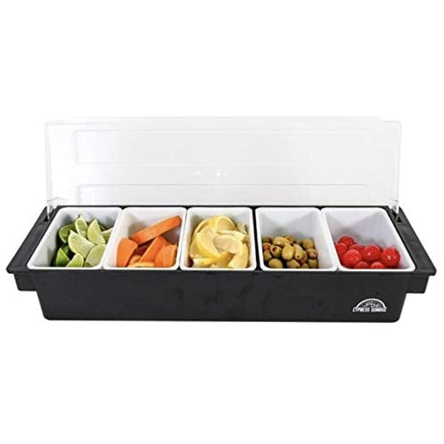 Fruit, Veggie & Condiment Caddy with Lid - Dispenser Tray For Candy, Dips & Salad Toppings | Bar Supplies For Catering & Parties | 5 x 20 Oz Compartments | Garnish Organizer Station for Restaurants