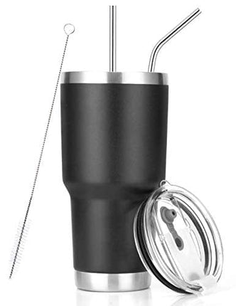 30oz Black Tumbler Stainless Steel Double Wall Vacuum Insulated Mug with Straw and Lid, Cleaning Brush for Cold and Hot Beverages
