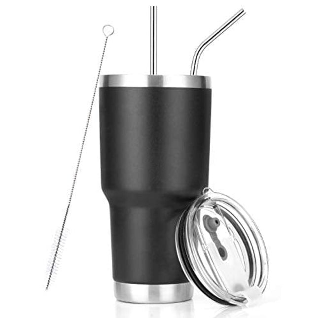 30oz Black Tumbler Stainless Steel Double Wall Vacuum Insulated Mug with Straw and Lid, Cleaning Brush for Cold and Hot Beverages