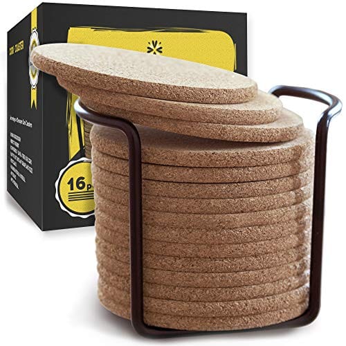 Cork Coasters with Round Edge 4 inches 16pc Set with Metal Holder Storage Caddy – Thick Plain Absorbent Heat-Resistant Reusable Saucers for Cold Drinks Wine Glasses Plants Cups & Mugs