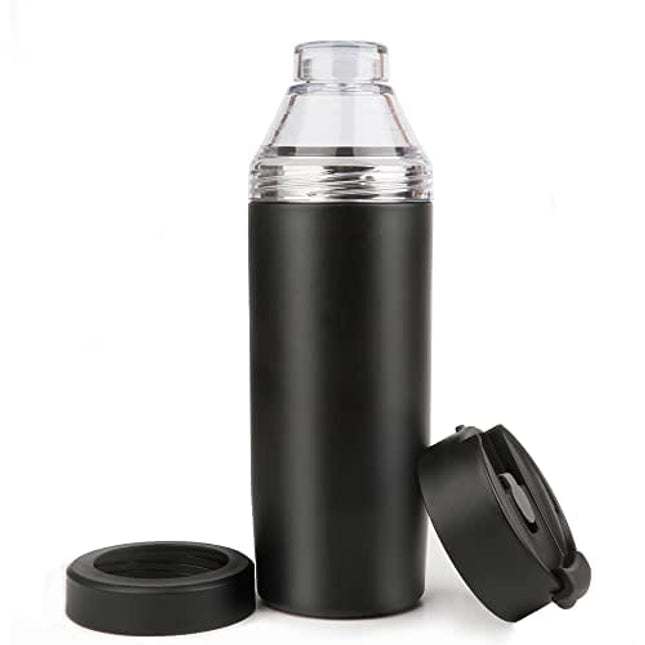Deitybless Cocktail Shaker, Vacuum Insulated 3-IN-1 Shaker with Clear Jigger Lid and Sealed Leak-Proof Lid, 20oz Stainless Steel Insulated Can Cooler Compatible with Tumbler(Matte Black)