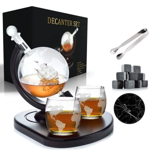 Whiskey Decanter Set Globe with 2 Etched Globe Whisky Glasses | Included Free - Whiskey Stones, Ice Tong, 2 Coasters - Gift Set - Liquor, Bourbon, Scotch, Vodka with a Wood Stand - 850ml