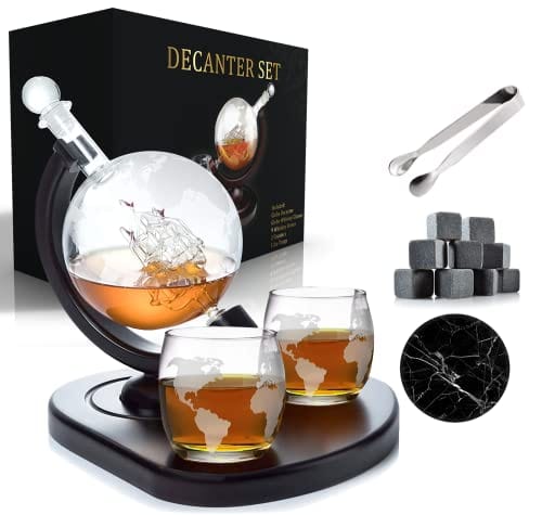 Whiskey Decanter Set Globe with 2 Etched Globe Whisky Glasses | Included Free - Whiskey Stones, Ice Tong, 2 Coasters - Gift Set - Liquor, Bourbon, Scotch, Vodka with a Wood Stand - 850ml