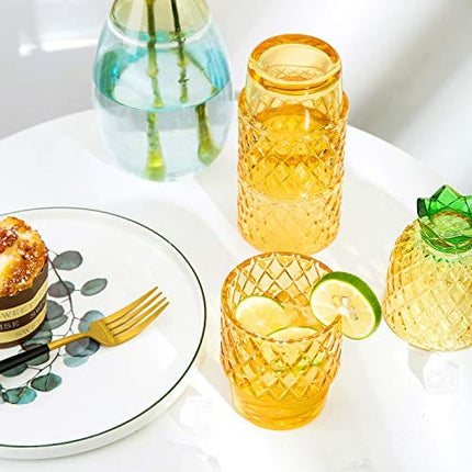 Diamond Star Stacking Glasses Fruit Set of 4 10 oz Cups Pear Pineapple Colorful Stackable Drinking Glass Sets Yellow with Green Leaf Glassware for Drinking Water, Bear