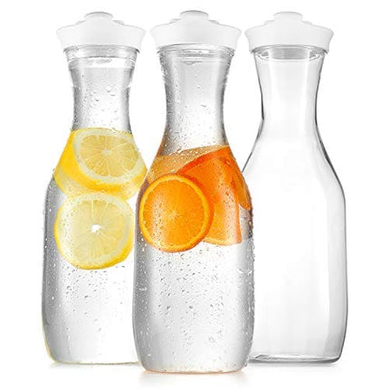 Plastic Carafe Water Pitcher - Carafes for Mimosa Bar - Clear Juice Containers with Flip Top lids - Narrow Neck for Easy Grip Wide Mouth - Juice carafe for Parties – BPA Free - Not Dishwasher Safe