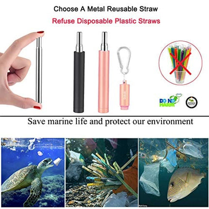 2 Pack Reusable Metal Straws Collapsible Stainless Steel Drinking Straw Portable Telescopic Straw with Case Black/Rose Gold