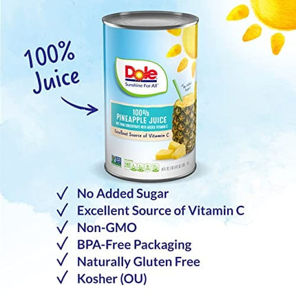 Dole 100% Juice, Pineapple, 46 Ounce Cans (Pack of 6)