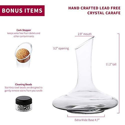DRAGONN Luxury Wine Decanter - 100% Hand Blown Lead-free Crystal Glass Wine Carafe – Bonus Cork Stopper & Steel Cleaning Beads Accessories