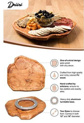 Driini Premium Handmade Root Wood Lazy Susan Turntable Organizer - Rustic Wooden Serving Platter Cheese Board (12")