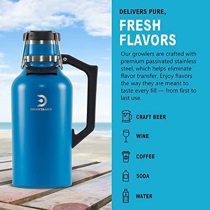 DrinkTanks Craft Growler, Passivated Stainless Steel Growlers for Beer, Leakproof and Vacuum Insulated Beverage Tumbler, Easy-to-Use Soda, Wine, or Coffee Tumbler with Handle, Cove, 64 Oz