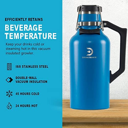 DrinkTanks Craft Growler, Passivated Stainless Steel Growlers for Beer, Leakproof and Vacuum Insulated Beverage Tumbler, Easy-to-Use Soda, Wine, or Coffee Tumbler with Handle, Cove, 64 Oz