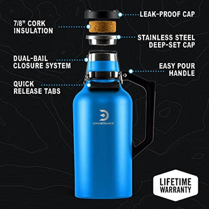 DrinkTanks Craft Growler, Passivated Stainless Steel Growlers for Beer, Leakproof and Vacuum Insulated Beverage Tumbler, Easy-to-Use Soda, Wine, or Coffee Tumbler with Handle, Cove, 64 Oz