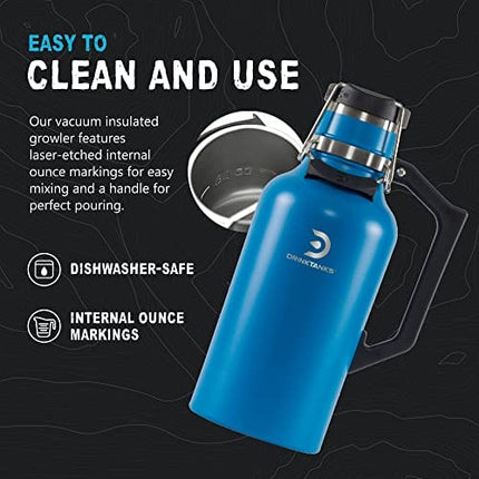DrinkTanks Craft Growler, Passivated Stainless Steel Growlers for Beer, Leakproof and Vacuum Insulated Beverage Tumbler, Easy-to-Use Soda, Wine, or Coffee Tumbler with Handle, Cove, 64 Oz