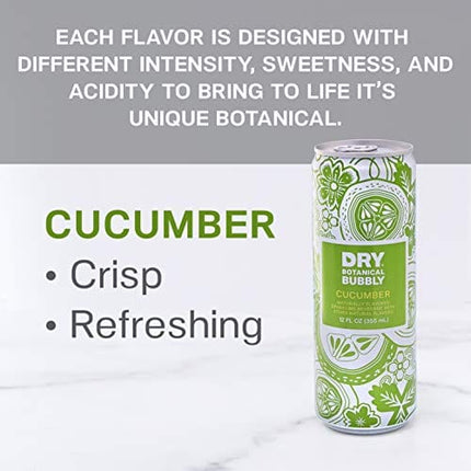 DRY Non-Alcoholic Botanical Bubbly | Cucumber | Sparkling and ready to sip or Use as a Mocktail Mixer |Less Sweet, All Natural Ingredients, Non-GMO | Sophisticatedly zero-proof, 12 Fl Oz (Pack of 12)