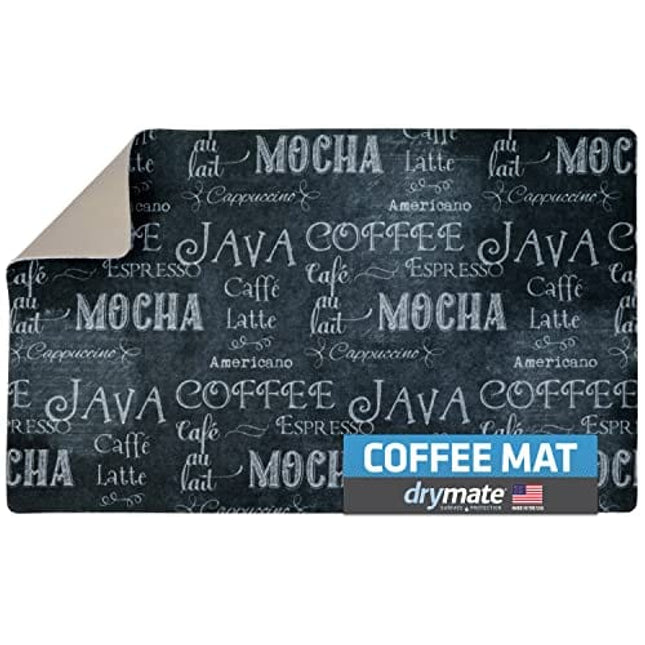 Drymate Coffee Maker Mat, (Coffee Station Bar Accessory) Protects Kitchen Countertops From Spills, Stains & Scratches - Absorbent/Waterproof/Machine Washable (USA Made) (12” x 20”) (Java Chalkboard)