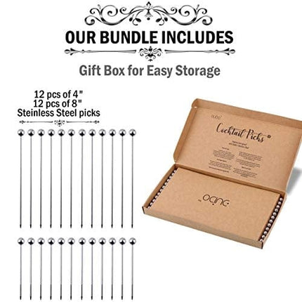 Cocktail Picks Martini Stirrers Toothpicks – (24 Pack / 4 & 8 Inch) Reusable Cocktail Picks - Stainless Steel Metal Drink Skewers Sticks for Martini Olives Appetizers Bloody Mary Brandied
