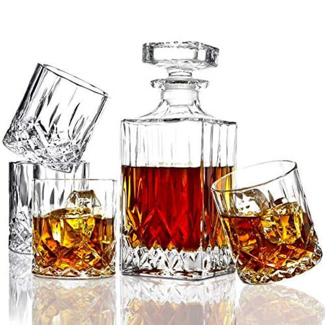 ELIDOMC 5PC Italian Crafted Crystal Whiskey Decanter & Whiskey Glasses Set, Crystal Decanter Set With 4 Whiskey Glasses, Whiskey Decanter Sets for Men