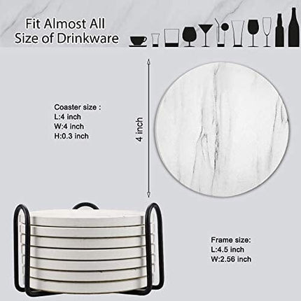 Set of 8 Coasters for Drinks ,EAGMAK Absorbent Marble Style Ceramic Drink Coaster with Holder for Coffee Wooden Table Home Decor (White)