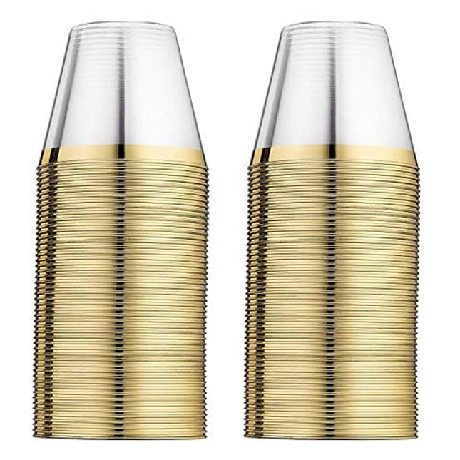 100 Plastic Cups 9 Oz Gold Plastic Cups Old Fashioned Tumblers Gold Rimmed Plastic Cups for Party Decorations Disposable Clear Plastic Cups for Wedding Cups Elegant Party Cups