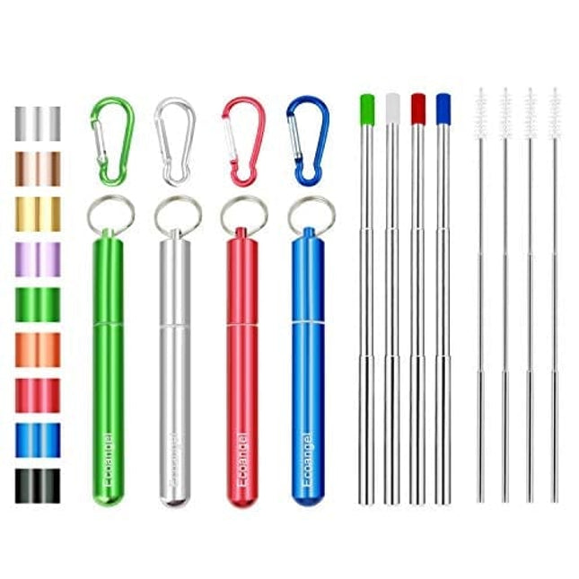 4 Pack Portable Reusable Metal Straw Collapsible Stainless Steel Drinking Straw Telescopic Straw to Drink Water Smoothie with Aluminum Key-chain Case & Cleaning Brush （Silver & blue & red & green）