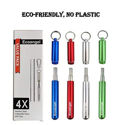 4 Pack Portable Reusable Metal Straw Collapsible Stainless Steel Drinking Straw Telescopic Straw to Drink Water Smoothie with Aluminum Key-chain Case & Cleaning Brush （Silver & blue & red & green）