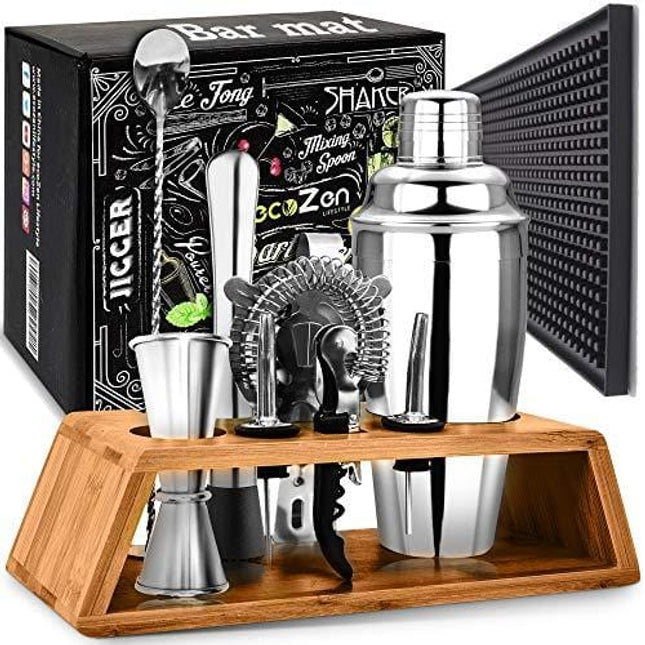 Cocktail Shaker Set with Bar Mat | Bartender Mixing Tool Kit with Elegant Wooden Stand | Premium Bar Set | Best Gifts Ideas for Him (Husband, Boyfriend, Dad) Ideal for housewarming