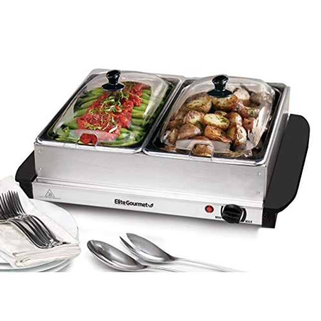 Elite Gourmet EWM-6122 5 Quart Dual Buffet Server Food Warmer, Temperature Control, Clear Slotted Lids, Perfect for Parties, Entertaining & Holidays, 2 x 2.5Qt