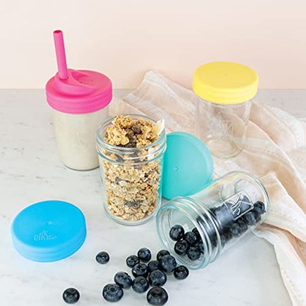 Elk and Friends Kids Cups/Toddler cups with Silicone Straws - Glass Mason Jars 8 oz with Straws + Straw Lids + Leak Proof Regular Lids - Spill Proof cups for kids, Sippy Cups for Toddlers