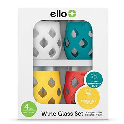Ello Cru Stemless Glass Wine Set with Protective Silicone Sleeve, Perfect for Gifting, Travel and Entertaining, BPA Free, Dishwasher Safe, Set of 4, Mai Tai, 17oz