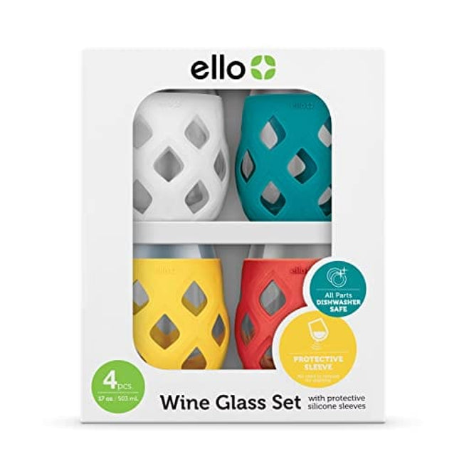 Ello Cru Stemless Glass Wine Set with Protective Silicone Sleeve, Perfect for Gifting, Travel and Entertaining, BPA Free, Dishwasher Safe, Set of 4, Mai Tai, 17oz