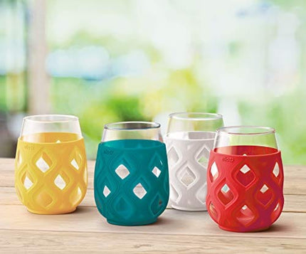 Ello Cru Stemless Glass Wine Set with Protective Silicone Sleeve, Perfect for Gifting, Travel and Entertaining, BPA Free, Dishwasher Safe, Set of 4, Mai Tai, 17oz