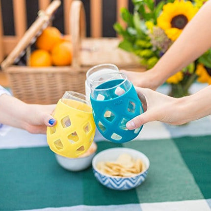 Ello Cru Stemless Glass Wine Set with Protective Silicone Sleeve, Perfect for Gifting, Travel and Entertaining, BPA Free, Dishwasher Safe, Set of 4, Mai Tai, 17oz
